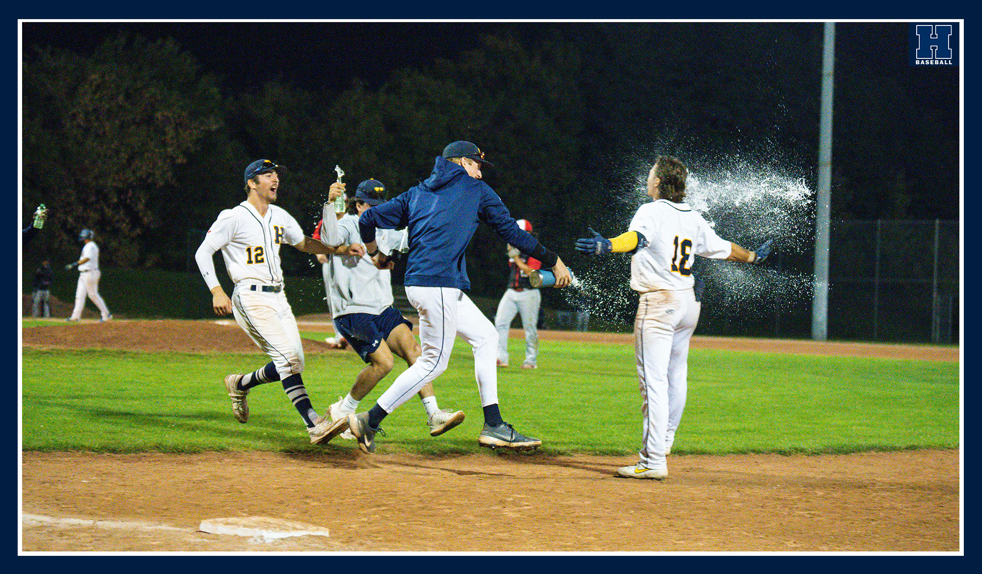 Baseball players celebrating a walk-off hit