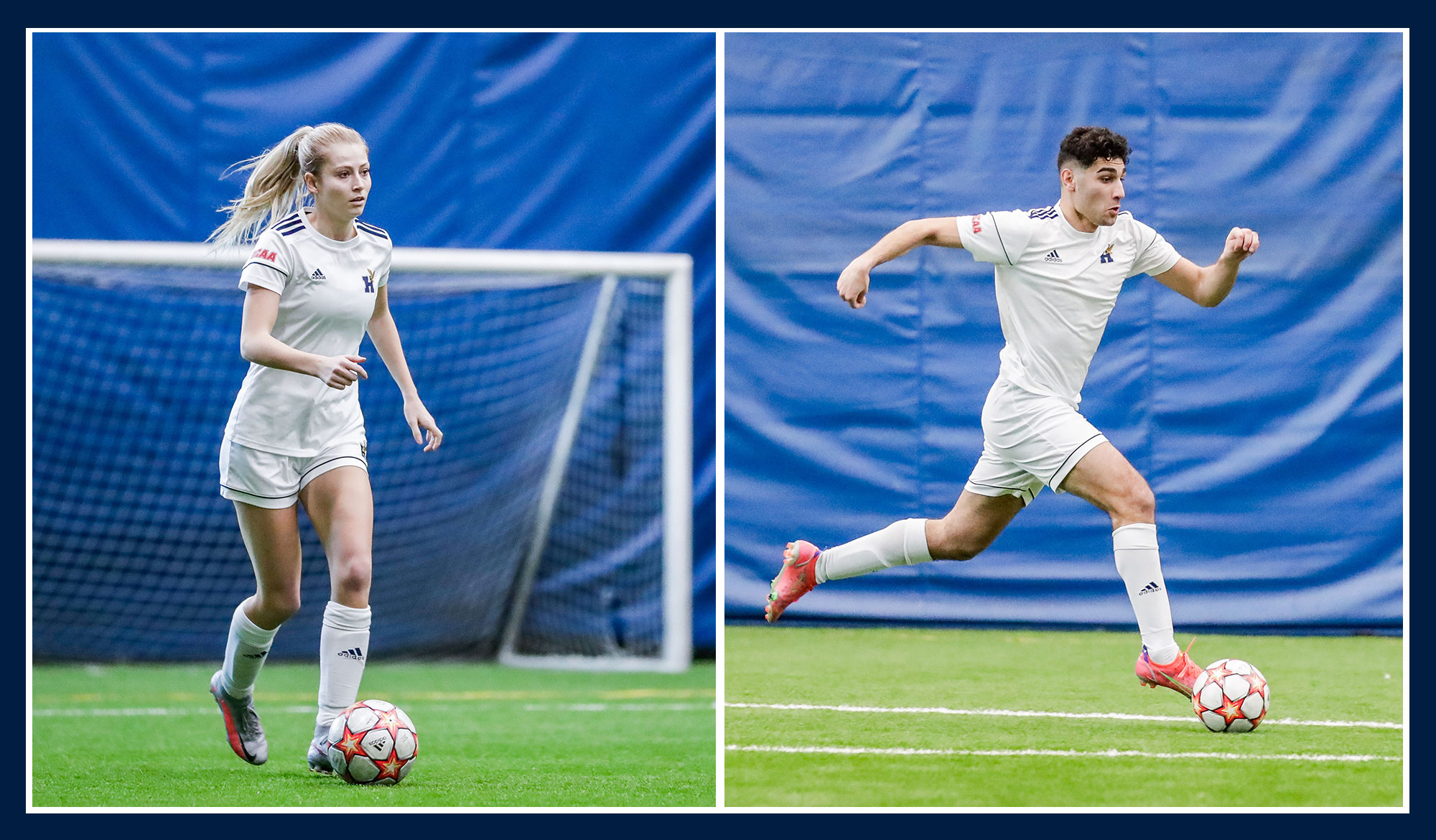 Split screen of Humber soccer men's and women's players