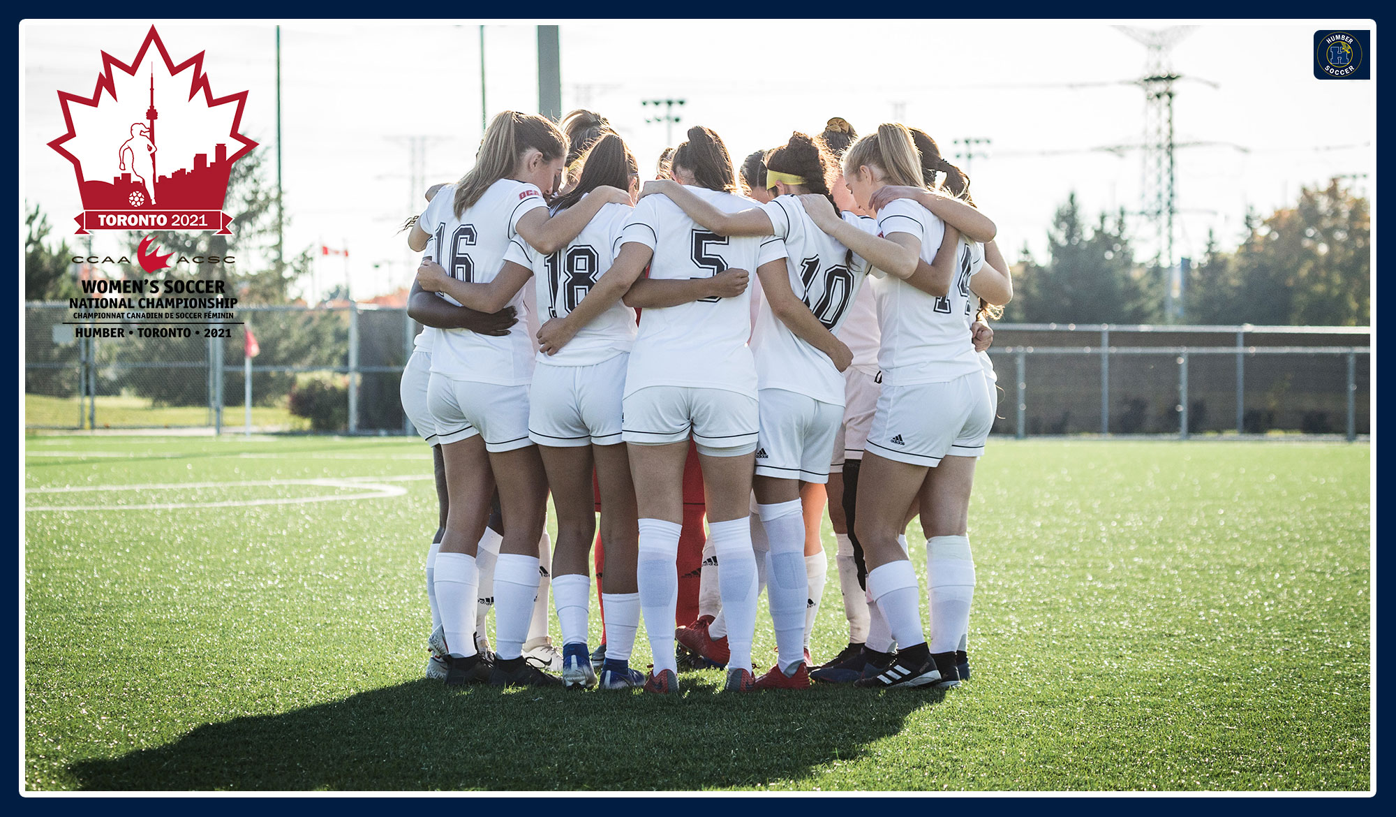 The 2021 CCAA Championship logo. Women's soccer team huddle.